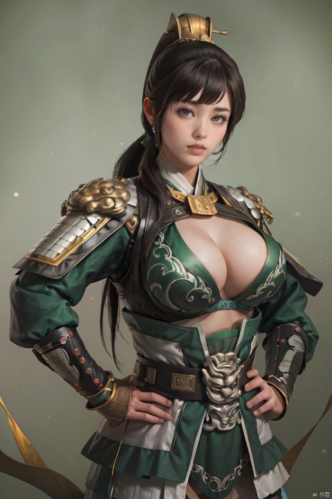 SGZ2, 1girl, solo focus, solo, sexy armor ,hands on hips, looking at viewer, big breast, long hair, bangs, ponytail, green background, Bao Sanniang
