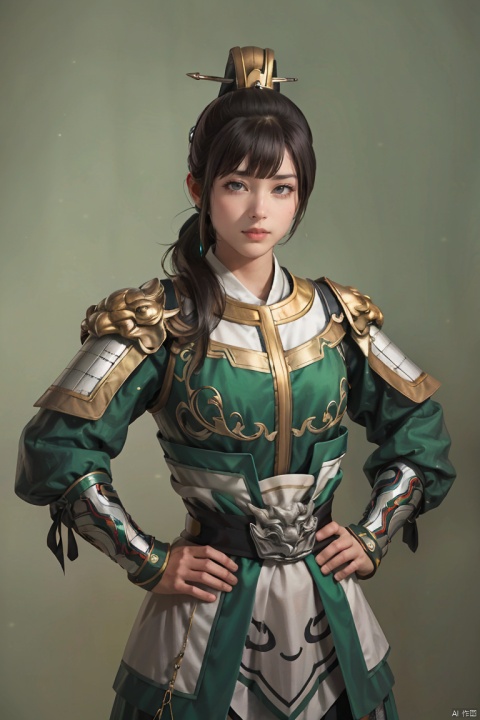 SGZ2, 1girl, solo focus, solo, sexy armor ,hands on hips, looking at viewer,long hair, bangs, ponytail, green background
