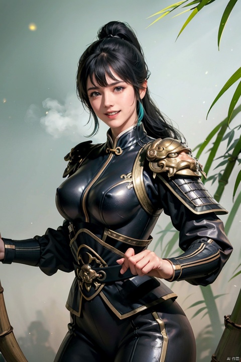  SGZ2, solo, 1girl,1girls,male focus，black bodysuit,black armor，long hair, blue eyes, ponytail,bangs, long legs，looking at viewer,hero's armour, solo, curvy women, sparkling eyes, (Detailed eyes:1.2), grin, Sweat, Oily skin, bamboo shadows, Dramatic Shadows. (Chinese painting illustration) 
