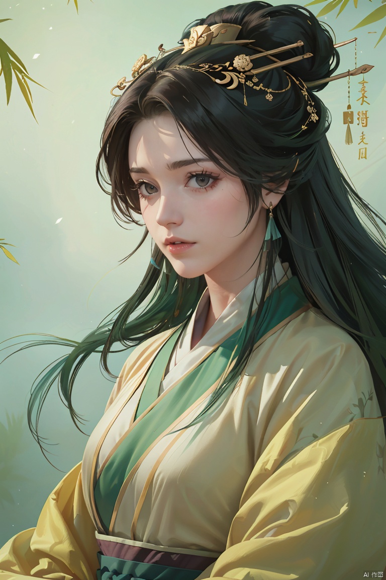 1girl, Ancient young male ((male characteristics)) Highest picture quality, beautiful eyes, luminous eyes, exquisite features, express lips, expression, gentle eyes (Chinese painting illustration) (((Clear))) (((artistic conception)) Watercolor long hair tie details, Hanfu, eardrops, eye light, long eyelashes, close-up portraits, bamboo shadows, soft light, green tones, warm yellow sunlight, high contrast,Ink scattering_Chinese style, smwuxia Chinese text blood weapon:sw, lotus leaf, (\shen ming shao nv\)