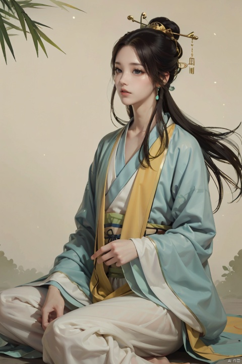  1girl, Ancient young male ((male characteristics)) Highest picture quality, beautiful eyes, luminous eyes, exquisite features, express lips, expression, gentle eyes (Chinese painting illustration) (((Clear))) (((artistic conception)) Watercolor long hair tie details, Hanfu, eardrops, eye light, long eyelashes, close-up portraits, bamboo shadows, soft light, green tones, warm yellow sunlight, high contrast, barefoot, jewelry, fine art parody, translucent bunnysuit