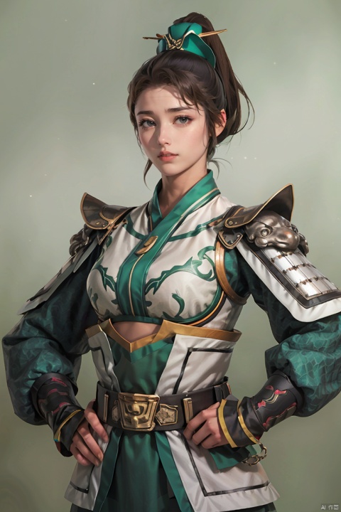  ,SGZ2,1girl, solo focus,solo,sexy armor,hands on hips,looking at viewer,long hair,ponytail,belt,realistic,  Taylor Marie Hill, green background
