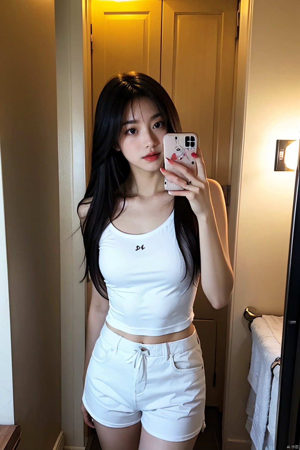 White camisole T-shirt, black shorts, selfie, in the bathroom, at night, dim light, sexy, long hair to the shoulder，weep