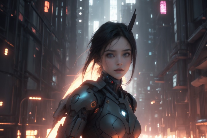  In a realistic cyberpunk style, a sweet-faced, long-haired female figure with black hair and golden irises emerges, with the entire expanse of her body visible in the frame. Her body has undergone modifications, transforming into a white mech suit adorned with luminous blue lines forming circuit-like structures across her battle-worn form.

Holding a futuristic, mechanically-styled light sword, she maintains a determined expression against a backdrop cluttered with remnants of robotic limbs and components. The overall environment is a factory ruins, radiating a futuristic and technological ambiance. The scene is characterized by a cool color palette.,Batgirl,bailing_light element
