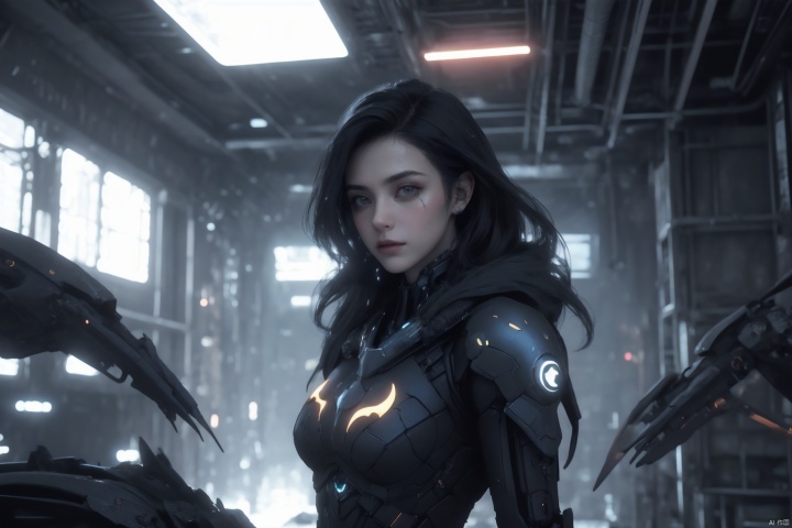  In a realistic cyberpunk style, a sweet-faced, long-haired female figure with black hair and golden irises emerges, with the entire expanse of her body visible in the frame. Her body has undergone modifications, transforming into a white mech suit adorned with luminous blue lines forming circuit-like structures across her battle-worn form.

Holding a futuristic, mechanically-styled light sword, she maintains a determined expression against a backdrop cluttered with remnants of robotic limbs and components. The overall environment is a factory ruins, radiating a futuristic and technological ambiance. The scene is characterized by a cool color palette.,Batgirl,bailing_light element