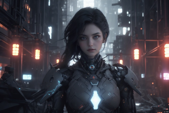  In a realistic cyberpunk style, a sweet-faced, long-haired female figure with black hair and golden irises emerges, with the entire expanse of her body visible in the frame. Her body has undergone modifications, transforming into a white mech suit adorned with luminous blue lines forming circuit-like structures across her battle-worn form.

Holding a futuristic, mechanically-styled light sword, she maintains a determined expression against a backdrop cluttered with remnants of robotic limbs and components. The overall environment is a factory ruins, radiating a futuristic and technological ambiance. The scene is characterized by a cool color palette.,Batgirl,bailing_light element