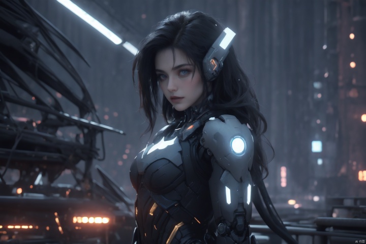  In a realistic cyberpunk style, a sweet-faced, long-haired female figure with black hair and golden irises emerges, with the entire expanse of her body visible in the frame. Her body has undergone modifications, transforming into a white mech suit adorned with luminous blue lines forming circuit-like structures across her battle-worn form.

Holding a futuristic, mechanically-styled light sword, she maintains a determined expression against a backdrop cluttered with remnants of robotic limbs and components. The overall environment is a factory ruins, radiating a futuristic and technological ambiance. The scene is characterized by a cool color palette.,Batgirl,bailing_light element