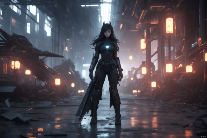  In a realistic cyberpunk style, a sweet-faced, long-haired female figure with black hair and golden irises emerges, with the entire expanse of her body visible in the frame. Her body has undergone modifications, transforming into a white mech suit adorned with luminous blue lines forming circuit-like structures across her battle-worn form.

Holding a futuristic, mechanically-styled light sword, she maintains a determined expression against a backdrop cluttered with remnants of robotic limbs and components. The overall environment is a factory ruins, radiating a futuristic and technological ambiance. The scene is characterized by a cool color palette.,Batgirl,bailing_light element