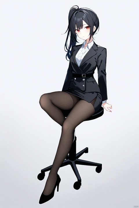 masterpiece,best quality,high quality, solo, 1girl, full body, white background, looking at viewer,disdainful look, black hair,long hair, red eyes, slightly chubby,sitting on an office chair, simple background, closed mouth, high heels, black pantyhose, loose side ponytail,black jacket,sheath dress,
[[[lace bra]]],