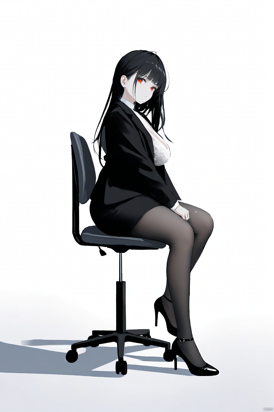 masterpiece,best quality,high quality,[[[Artist wlop]]], solo, 1girl, full body, white background, looking at viewer,(disdainful look), black hair,long hair,straight hair, red eyes, ((chubby)),sitting on an office chair, simple background, closed mouth, high heels, (black pantyhose), loose side ponytail,black jacket,sheath dress,
[[white lace bra]], (greyscale