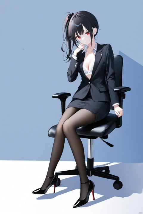 masterpiece,best quality,high quality,(colorful),[Artist toosaka asagi],[[[Artist wlop]]],[Artist chen bin],[Artist omone hokoma agm],Artist hiten (hitenkei), solo, 1girl,full body, an office lady sits on the office chair,(bright black pantyhose:1.3),black hair, loose side ponytail,red eyes,slightly chubby,
 (disdainful look:1.3),contempt, glare, [white lace bra],black jacket,sheath dress,wear high heels, in company