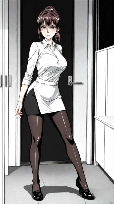  office lady,pantyhose,single ponytail,
disgusted expression,indifferent,
line anime,soles, ((poakl))