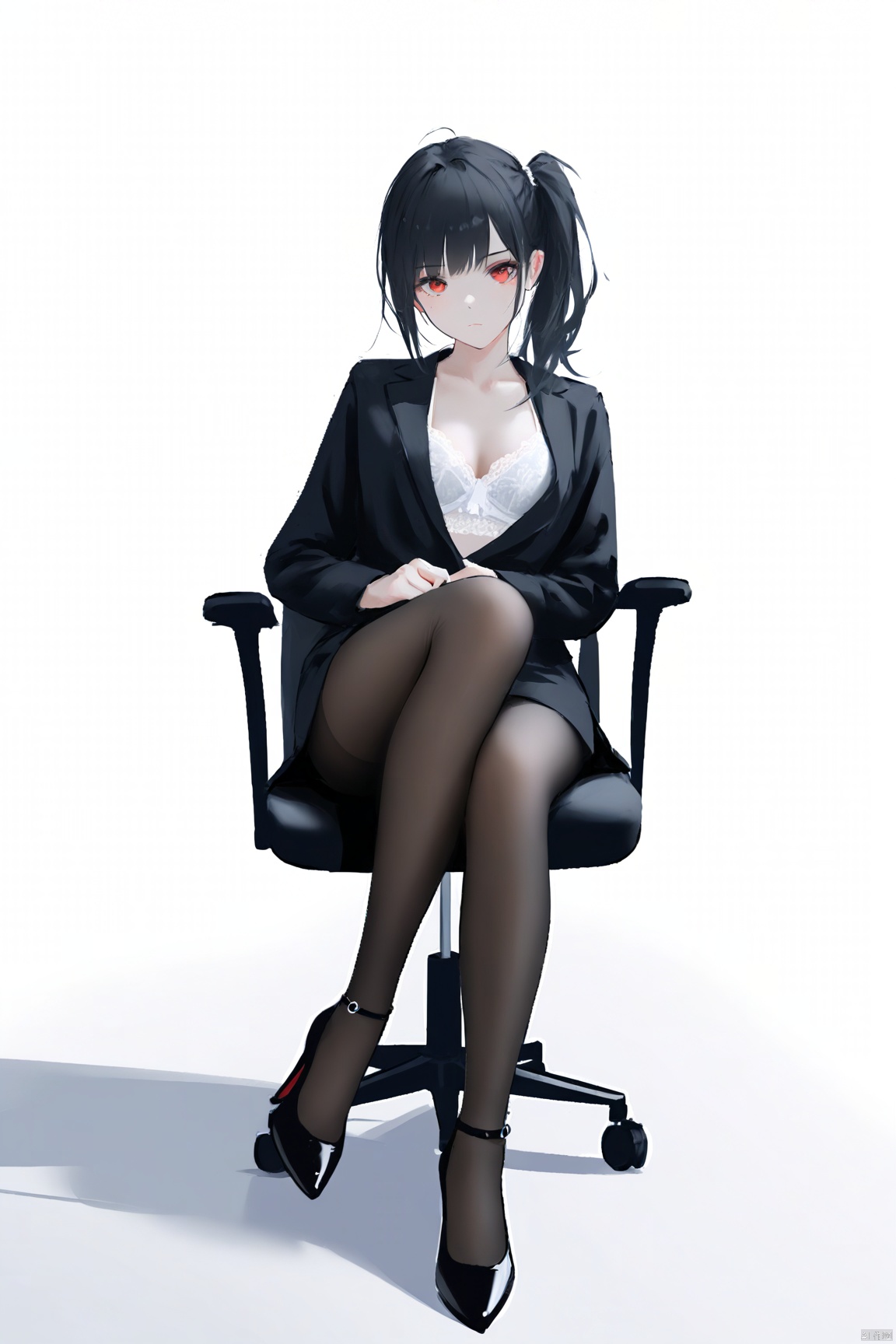 masterpiece,best quality,high quality,[[[Artist wlop]]], solo, 1girl, full body, white background, looking at viewer,(disdainful look), black hair,long hair, red eyes, slightly chubby,sitting on an office chair, simple background, closed mouth, high heels, (black pantyhose), loose side ponytail,black jacket,sheath dress,
[[white lace bra]],