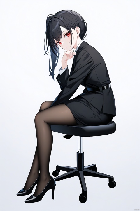 masterpiece,best quality,high quality, solo, 1girl, full body, white background, looking at viewer,disdainful look, black hair,long hair, red eyes, slightly chubby,sitting on an office chair, simple background, closed mouth, high heels, black pantyhose, loose side ponytail,black jacket,sheath dress,