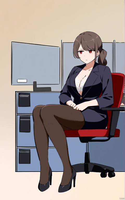  an office lady sits on the office chair,(light brown pantyhose:1.3),black hair, loose side ponytail,red eyes,mature woman,
(disdainful look:1.3),contempt,
glare,
[white lace bra],black jacket,sheath dress,wear high heels,full body,
in company,