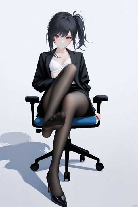 masterpiece,best quality,high quality,[[[Artist wlop]]], solo, 1girl, full body, white background, looking at viewer,(disdainful look), black hair,long hair, red eyes, slightly chubby,sitting on an office chair, simple background, closed mouth, high heels, (black pantyhose), loose side ponytail,black jacket,sheath dress,
[[white lace bra]], soles