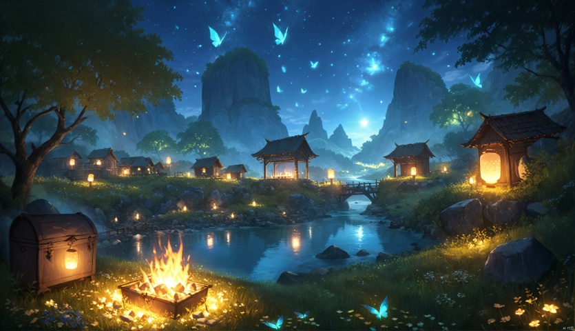  light,, cozy anime,large masterpiece digital art, detailed manga illustration, finely detailed,HIGH RES,Stunning art,detailed 4k CG,outdoor,(night,Glowing stones,dream,Glowing plants, glowing meadows, mysterious:1.5),water,river,fence,bizarre structure,
lantern,boom barrier,gem,treasure chest,crystal,cave,bonfire,animals,houses,bridge,glowing butterfly,elf, RPG