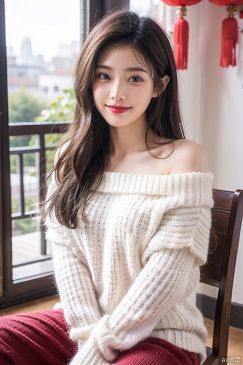  masterpiece, best quality,nikon d850, wavy hairwavy hair（（（The eyes are delicate）））,hair adornments,Woman wearing red sweater,Room filled with Chinese New Year decorations,Grinning,tmasterpiece,, 1girl,moyou, cozy animation scenes,sitting_on_chair,Half-frame glasses