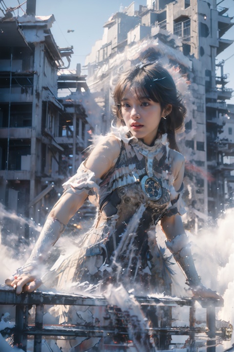  A girl's half body is above a building, harsh environment, beautiful delicate face, delicate beautiful eyes and face, ray tracing, movie light, light source contrast,(Half-body 1:2),bent down