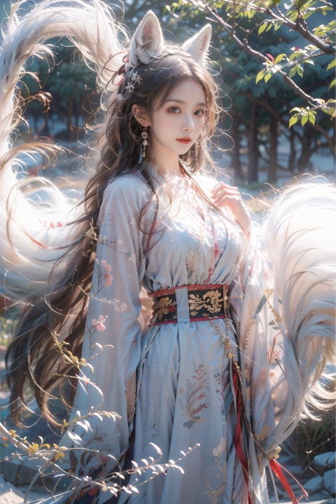  1 girl,solo,female focus,(Chinese dress）and red lips, bangs, earrings, hanfu, Chinese cardigan, printed cloth, tassel,.(Chinese dragon),(Huge Fox Pet),（White fox）, (Masterpiece), (Very Detailed CGUnity 8K Wallpaper), Best Quality, High Resolution Illustrations, Stunning, Highlights, (Best Lighting, Best Shadows, A Very Delicate And Beautiful), (Enhanced) ·, long, machinery, Daofa Rune, shufa background, Spirit Fox Pendant, sanguosha, chang,long sleeves
