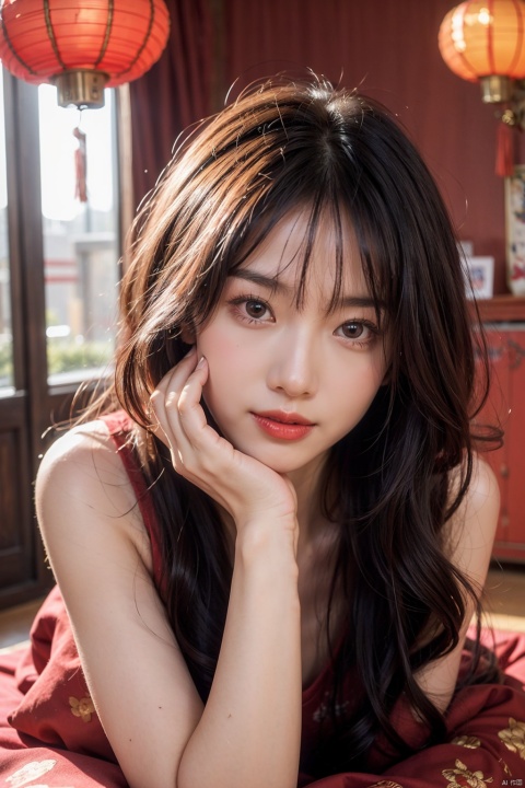  , close-up, masterpiece, best quality,nikon d850, wavy hairwavy hair,hair adornments,Room filled with Chinese New Year decorations,tmasterpiece,, 1girl,moyou, cozy animation scenes,,happy_new_year,(red theme),pose,
