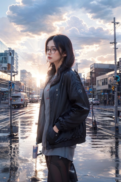  masterpiece,best quality,(ray tracing, cinematic lighting),ex-light,(central composition, Centered Composition and Symmetry:0.6),backlight,1girl,((solo)),black long hair,messy hair,jacket,pantyhose,rainy day,Cumulonimbus Cloud,(put hands in pockets),(outdoors, rain, sky, deserted streets, watered-down pavements, crossroad, fork in the road),tall buildings,bell towers,glass,reflections,streetlights,sunset,Tyndall Effect, 1girl