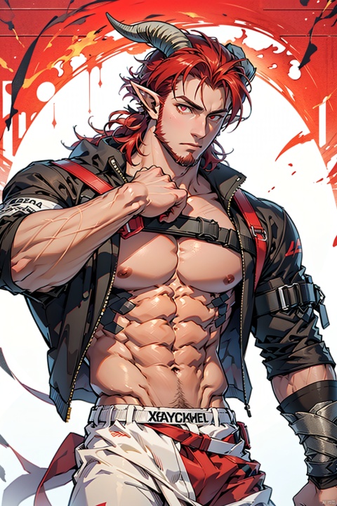 Appropriate proportion ,hedelei,horns,red hair,clear eyes,red eyes,masterpiece,best quality, 1man,Beard,male focus,Muscular man, cowboy shot,large pectorals,Fitted erect_penis,clear glans