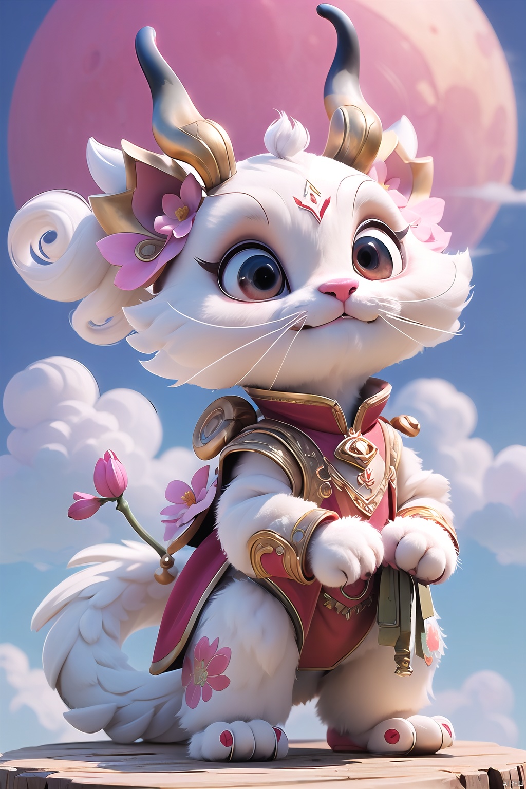  eastrn_cat,cute_girl,cat,white_cat,flower,standing,dragon horns,hair_flower,pink_moon,clouds,