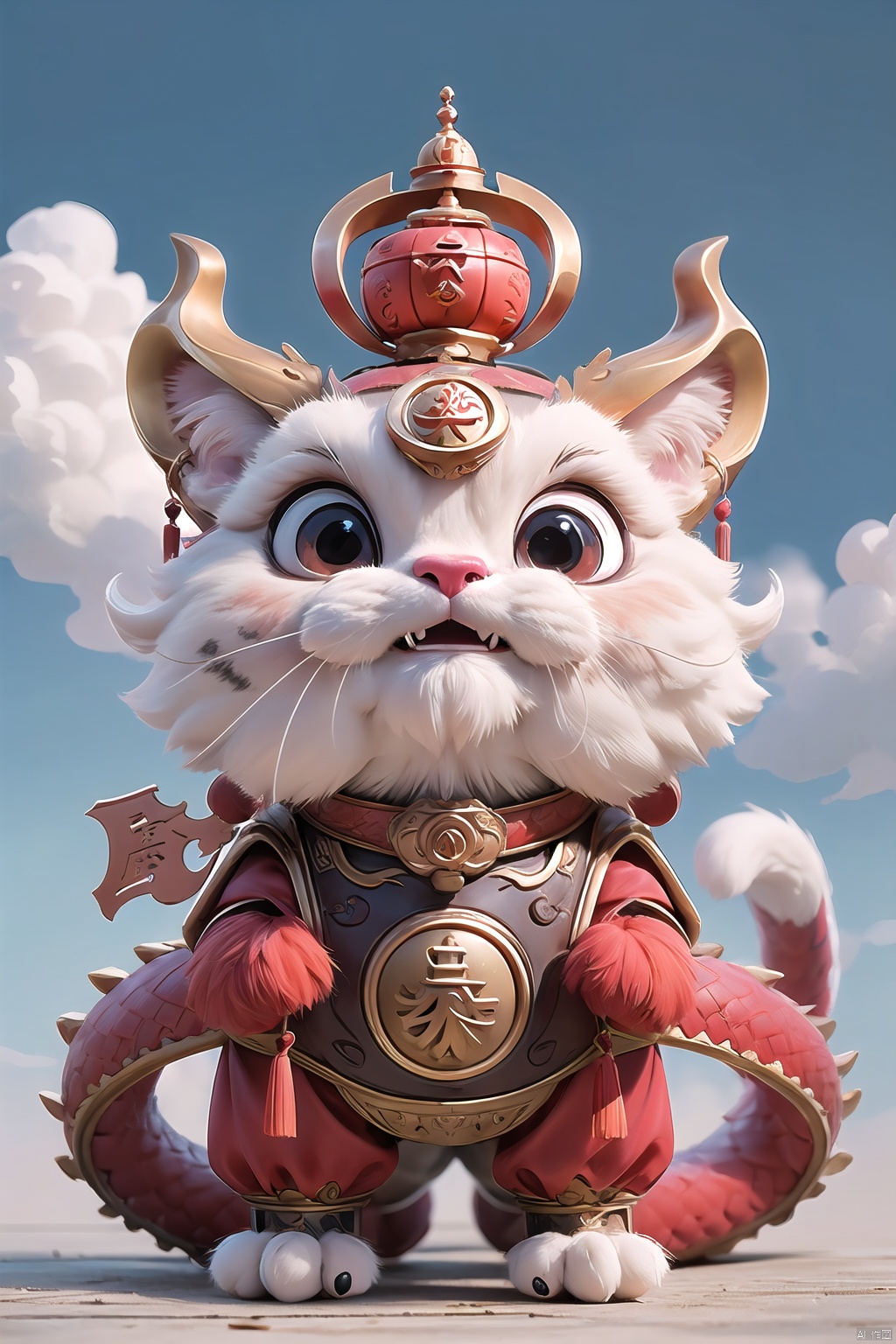 one eastern cat,cute boy,cat,white and brown_cat, ((dark bule eyes)), bule flower,standing,dragon horns, , clouds,Red lantern, Chinese style palace