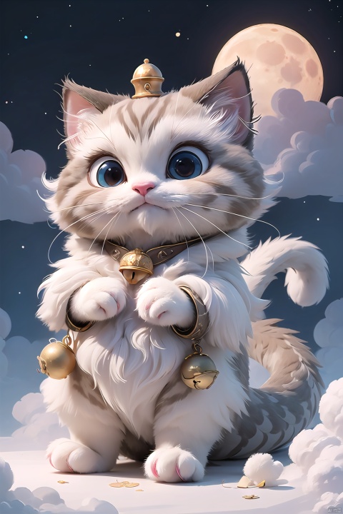 eastern cat,cute girl,cat,white and brown_cat, ((dark bule eyes)), bule flower,standing,dragon horns, hair bell, Moon,clouds, starry sky, shuiwa