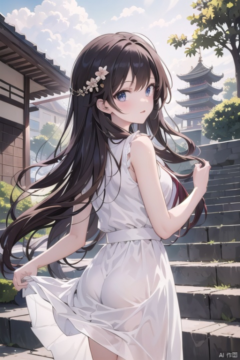 (masterpiece, top quality, best quality, official art, beautiful and aesthetic:1.2),gf-hd, 1girl, long hair, dress, architecture, solo, stairs, white dress, east asian architecture, brown hair, from behind, skirt hold, hair ornament, Anime