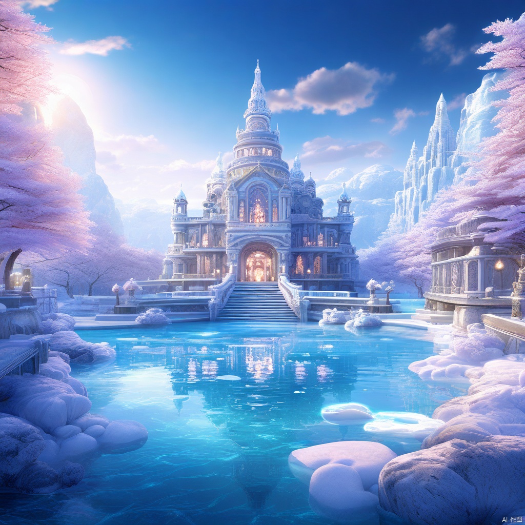 In a whimsical fantasy scenery, a majestic building stands amidst a breathtaking backdrop of soft lighting and ultra-detailed water. The structure's intricate architecture shines with a masterful blend of colors against a tranquil canvas of beautiful, detailed ice formations. This high-resolution wallpaper masterpiece showcases exceptional quality, with every texture and element meticulously rendered for an unparalleled visual experience.