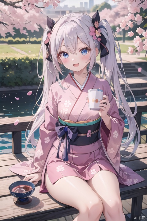 best quality, amazing quality, very aesthetic,1girl, solo, japanese_clothes, long_hair, holding, twintails, smile, cup, kimono, cherry_blossoms, looking_at_viewer, holding_cup, floral_print, bangs, pink_kimono, very_long_hair, open_mouth, skirt, hair_between_eyes, :d, flower, long_sleeves, pink_flower, print_kimono, wide_sleeves, outdoors, hakama, blue_eyes, petals, blush, tree, sitting, white_hair
