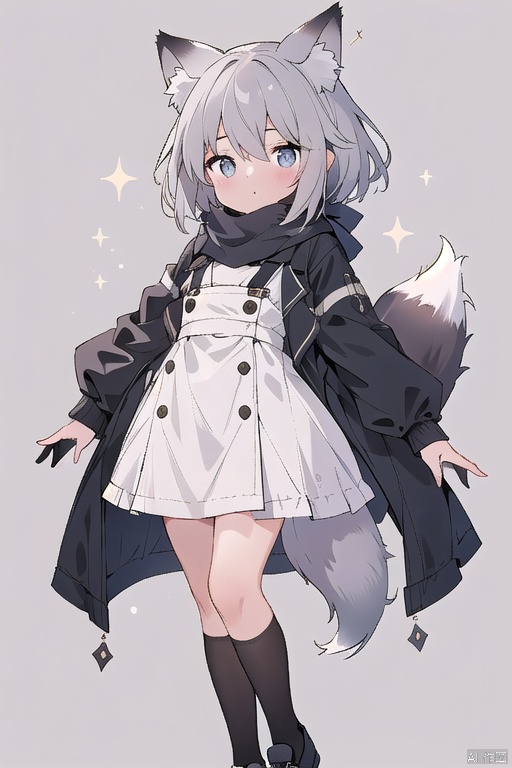 A stunning young girl with short grey hair and piercing grey eyes looks directly at the viewer, her cheeks flushing with a gentle blush. She wears a sleek jacket, matching black gloves, and a flowing scarf that adds a touch of elegance to her overall look. Her gaze is captivating as she stands confidently on white footwear, her animal ears - fox-like in shape and design - adding a whimsical touch to the scene. A sparkly fox tail flows down her back, drawing attention to her striking features. The simple background allows her unique style to take center stage, with the overall effect being both modern and mystical.