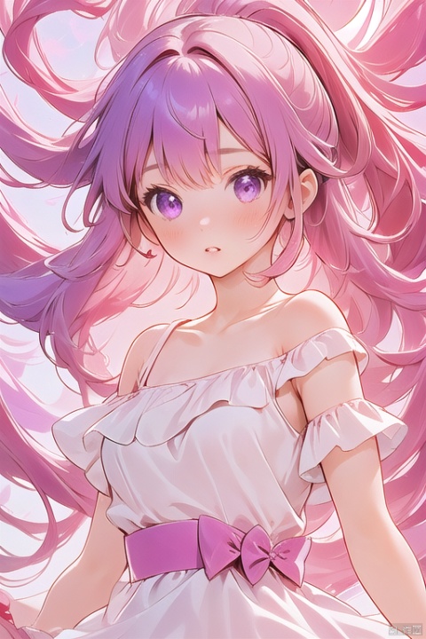 1girl, solo, long hair, dress, bare shoulders, purple eyes, collarbone, upper body, pink hair, parted lips, off shoulder, white dress, floating hair, looking away, wind