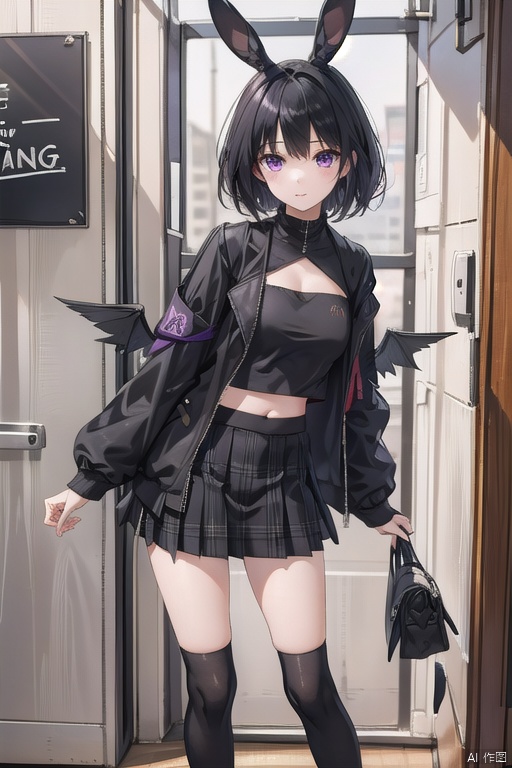  1girl, solo, looking at viewer, short hair, bangs, skirt, black hair, navel, animal ears, purple eyes, jacket, boots, open clothes, wings, socks, midriff, chibi, rabbit ears, english text, black jacket, plaid, plaid skirt