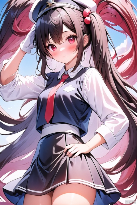 1girl, solo, long hair, looking at viewer, bangs, skirt, shirt, black hair, red eyes, long sleeves, hat, very long hair, closed mouth, standing, jacket, yellow eyes, white shirt, outdoors, necktie, sky, day, collared shirt, cloud, black skirt, water, uniform, blue sky, black jacket, head tilt, hand on hip, heterochromia, white headwear, peaked cap, black necktie, pencil skirt, contrapposto, salute