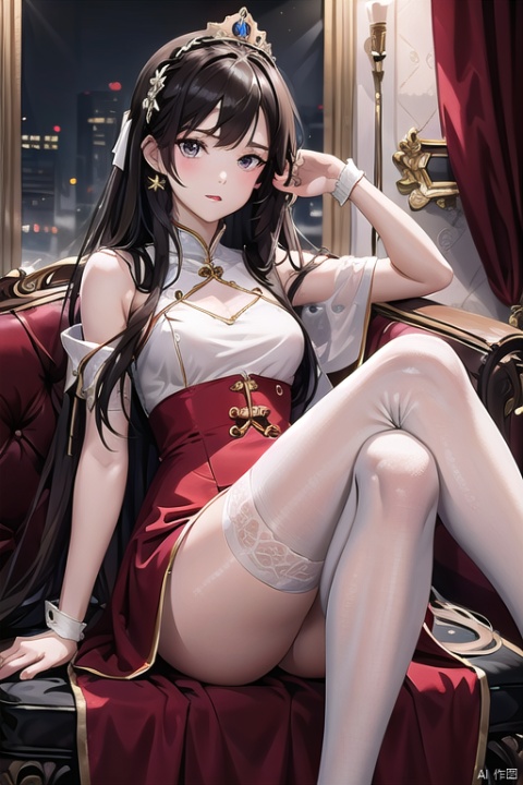 line art,line style,as style,best quality,masterpiece, A girl with long hair wearing a small crown,a red long dress,white stockings,and black short boots,sitting on an international chess style sofa,chess style,
