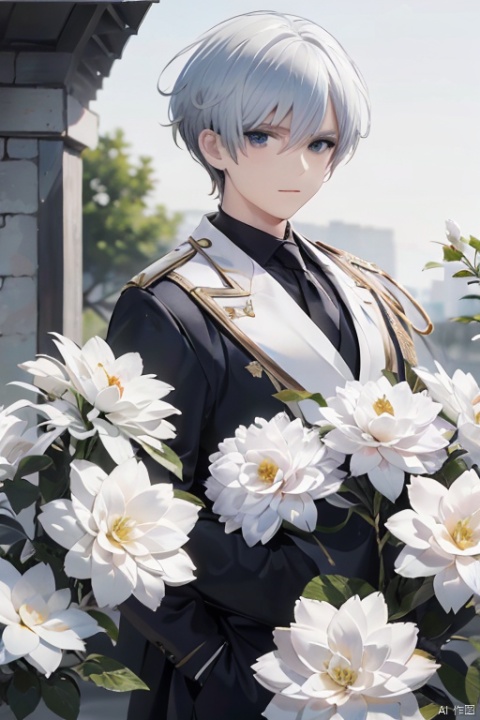  (official art, 8k wallpaper, ultra detailed, High quality, best quality),white flowers ,1boy,