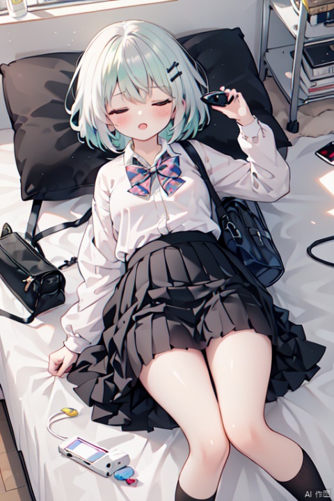 masterpiece,best quality,high quality,(colorful),Artist minato ojitan, 1girl, solo, lying, phone, on back, cellphone, skirt, closed eyes, bow, pillow, smartphone, socks, shirt, hair ornament, pleated skirt, sleeping, earphones, white shirt, school uniform, on bed, indoors, long hair, bowtie, blush, bed, hairclip, black socks, long sleeves, grey skirt, earbuds, breasts,open mouth, bag, school bag, collared shirt, no shoes, open skirt, small breasts, wooden floor, from above, black bowtie, white hair,green hair,hair ornament, gradient hair,nahida (genshin impact),
