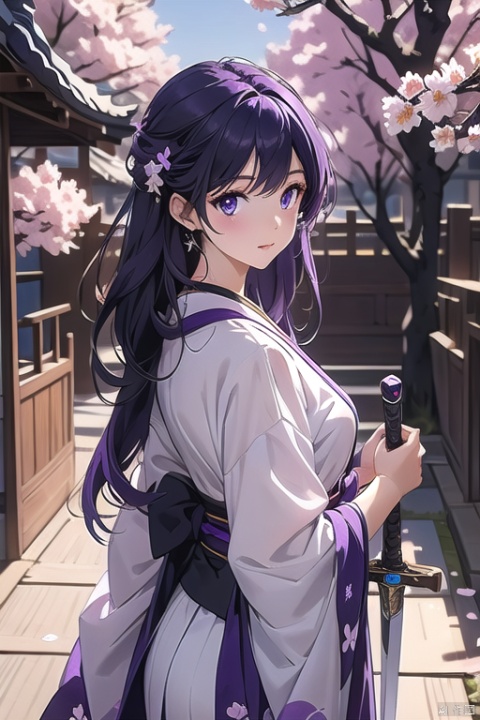 1girl, purple hair, dark purple hair, purple clip on hair, wearing Japanese clothes, Japanese clothes, purple and white Japanese clothes, holding a sword, holding a purple shiny sword, glowing purple sword, Japanese type sword, background charry blossom trees, beautiful pinkish charry blossom trees, dark purple sky, look at the view, lora:more_details:0.5, vibrant colors, masterpiece, sharp focus, best quality, depth of field, cinematic lighting, 