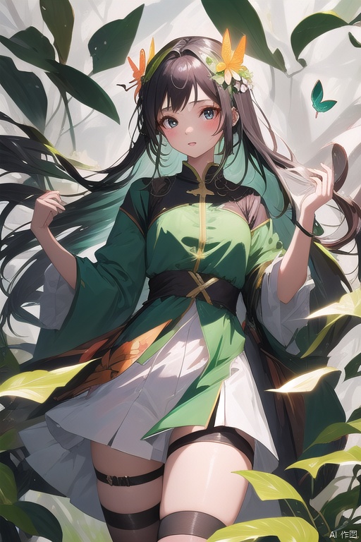 1 girl, surrounded by big leaf plants, wearing flower accessories, (Old-growth forest), (long hair) puberty, young girl, bright outline,Butterfly Dance, surrealistic,tuyawang, senlin
