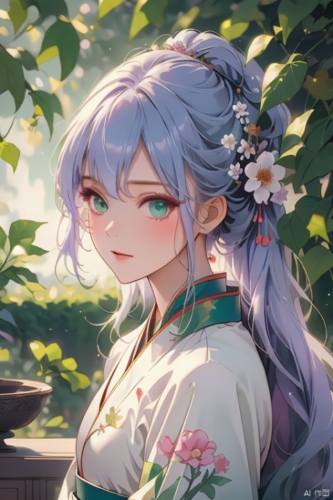 1 girl, solo, long white hair, shiny green eyes, detailed eyes, blink and youll miss it detail, silk hanfu, white robe hanfu, purple glittering butterflies, outdoors, flower garden, high quality, ancient chinese hanfu, floral background, very detailed, ((poakl)),