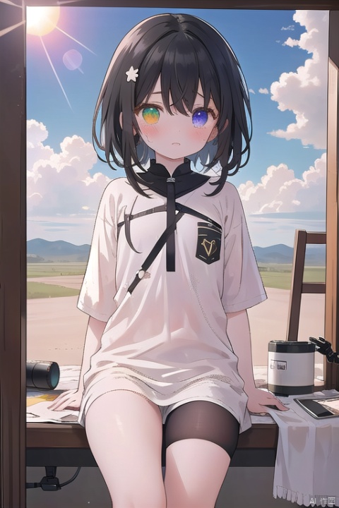 A distraught young girl with pale skin and slender features sits alone on a dusty, sun-baked plain in a cowboy-shot composition. Her messy black hair frames her tear-streaked face, showcasing heterochromia in her eyes that remain open as she cries. A small nose and delicate features are accentuated by anime-style blush. Dirty clothes and a bandaid on her knee add to the scene's realism. The focus is tight, with the girl's petite form occupying most of the frame, as if seen through a telescope. The artbook quality image boasts an impressive filesize, making it a stunning addition to any collection.