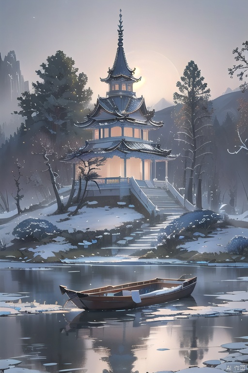 A serene blue and white porcelain-style landscape of a misty moonlit temple, shrouded in frost, surrounded by towering mountains and lush trees with delicate flowers. In the foreground, a small boat (1.5 times life-size) glides across the tranquil river, reflecting the soft hues of the evening sky. Water lilies float gently on the water's surface, adding to the peaceful ambiance.,Ancient costume