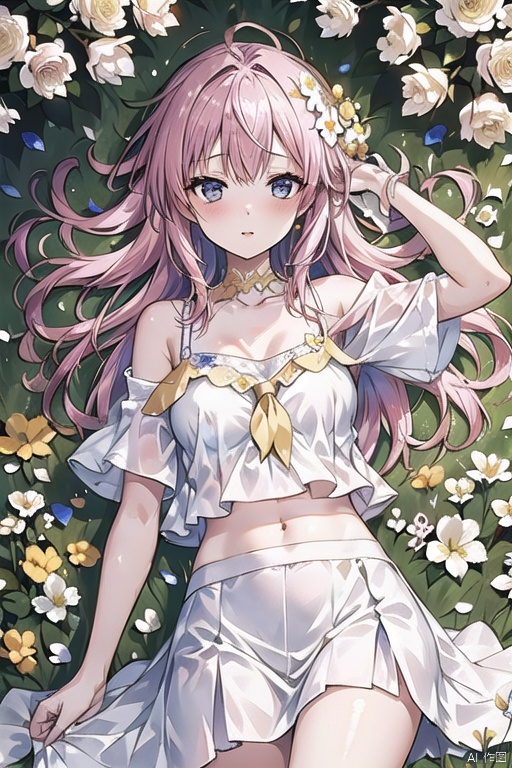  1 girl, (light yellow skirt) , multi-colored hair, pink hair, butterfly headband, white motor headset, (rape flower) , flower field, flower sea, rape flower field, yellow painting, body, lie down, navel, white transparent skin, soft light from above, masterpiece, best quality, 8k, HDR, Light master