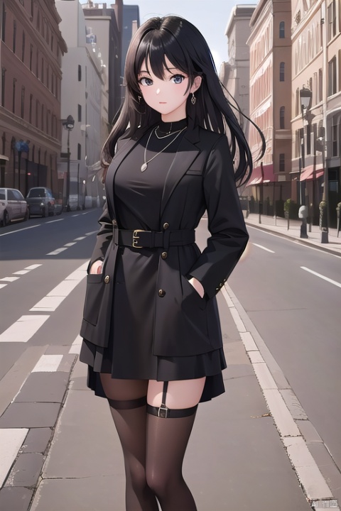  masterpiece, best quality,1girl,solo focus,standing in front of a building, black long hair, wearing a necklace, delicate face, beautiful eye, long coat,blue short skirt,snap-fit buckle,close-up,hand in pocket, dofas
