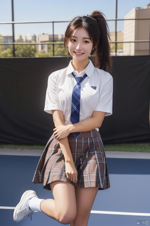 1girl, solo, looking at viewer, smile, skirt, brown hair, shirt, white shirt, ponytail, short sleeves, necktie, shoes, plaid , plaid skirt, ball, blue necktie, photo background, tennis ball,
