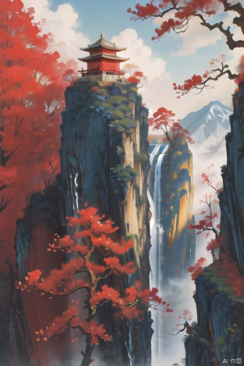 Magnificent ancient architecture, majestic high mountain waterfalls. Red leaves, birds in the air,cnss