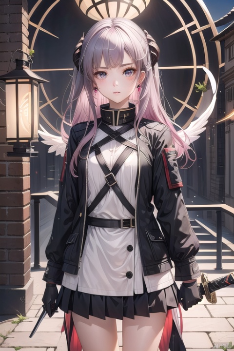 best quality, masterpiece, 1girl, solo, irene \(arknights\), gloves, scar across eye, black gloves, long hair, lantern, holding, scar, weapon, grey hair, sword, scar on face, grey eyes, parted lips, looking at viewer, holding lantern, head wings, long sleeves, jacket, black jacket, earrings, pink hair, jewelry, skirt